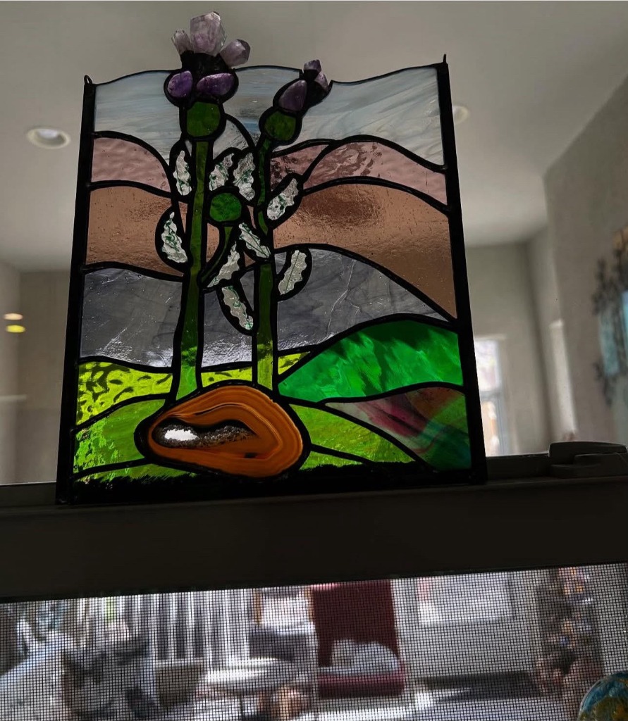 Wild Prairie Thistle with Natural Agate Geode & Amethyst Glass Art